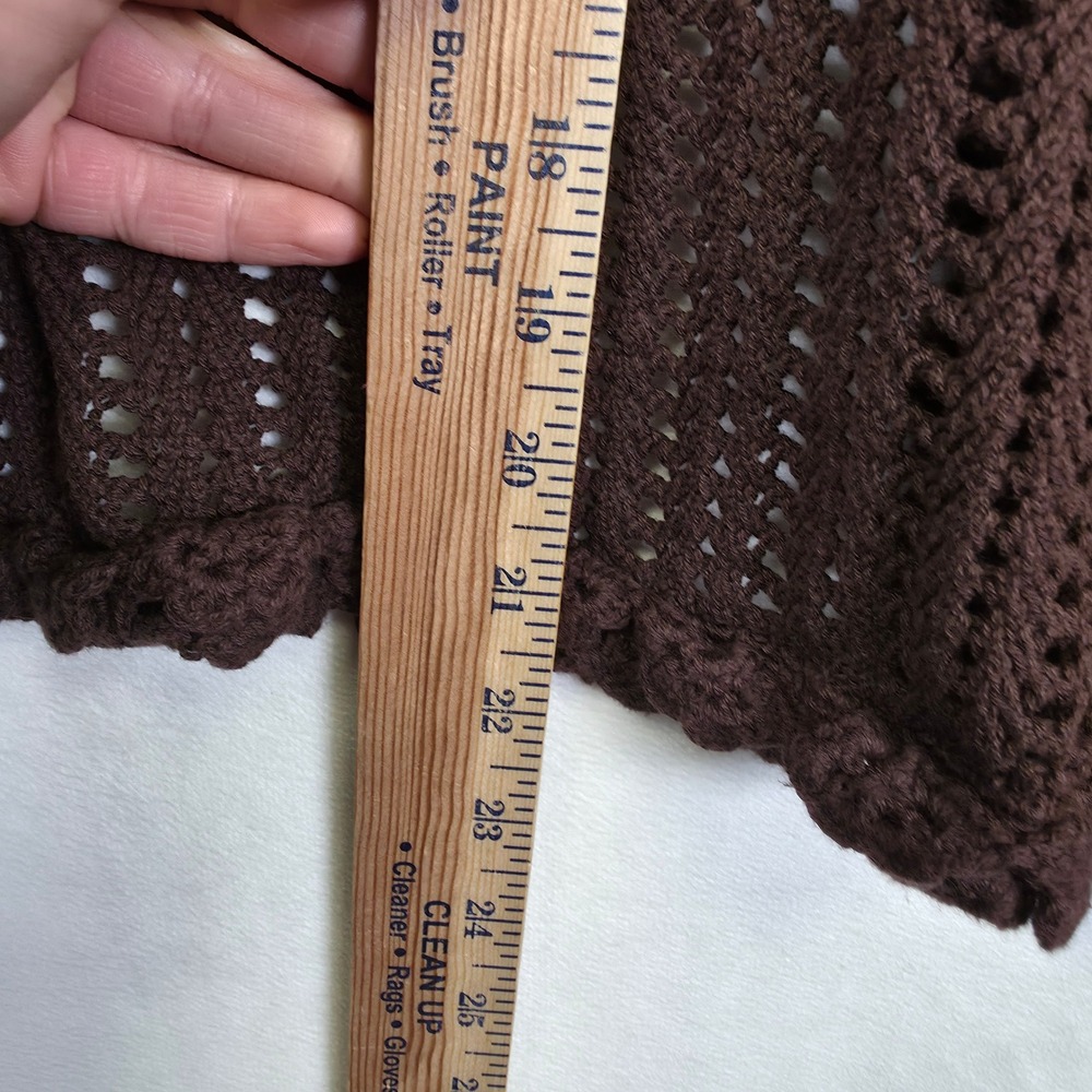 Crochet‎ Knit Cardigan Womens L Brown Open Ruffle Ribbed Layering Lounge Sweater - Picture 6 of 15